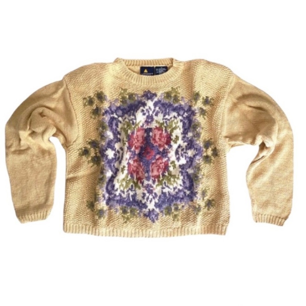Vintage 90s Hand Knit Pastel Yellow Long Sleeve Sweater Floral M Cottagecore